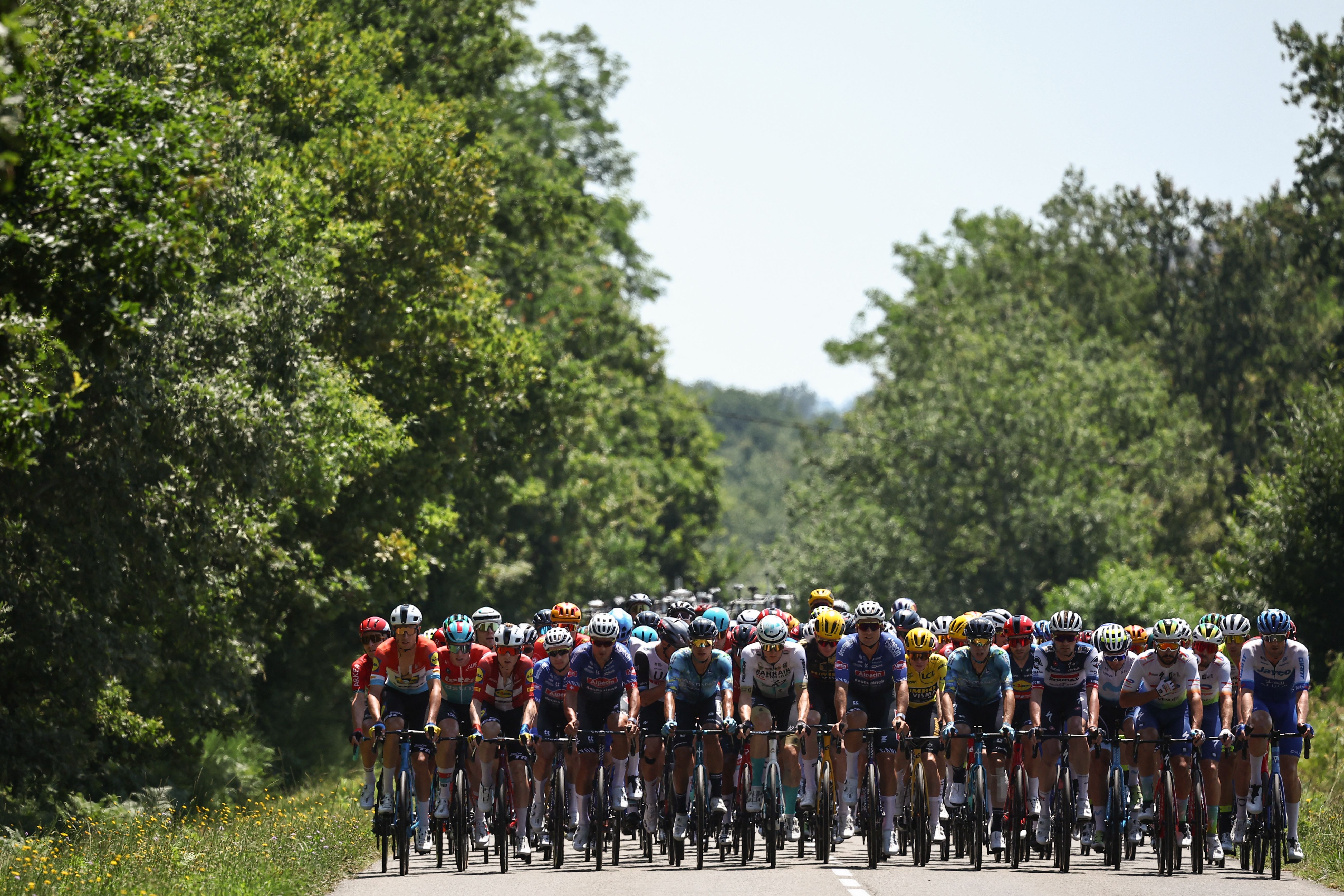 The bunch on stage seven of the 2023 Tour de France from Mont-de-Marsan to Bordeaux