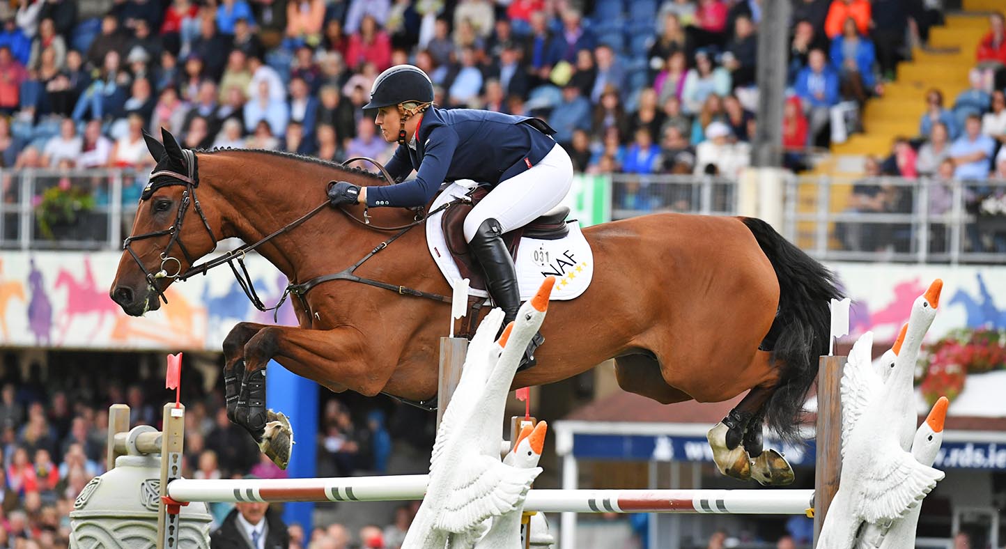 Holly SMITH riding HEARTS DESTINY, best placed member of Team GB in the Longines FEI Jumping Nations Cup of Ireland for the AGA Khan Challenge Trophy during the Longines FEI Jumping Nations Cup Ireland, Stena Line Dublin Horse Show at the Royal Dublin Society in Dublin in the Ireland between 8-12th August 2018 09 08 2018