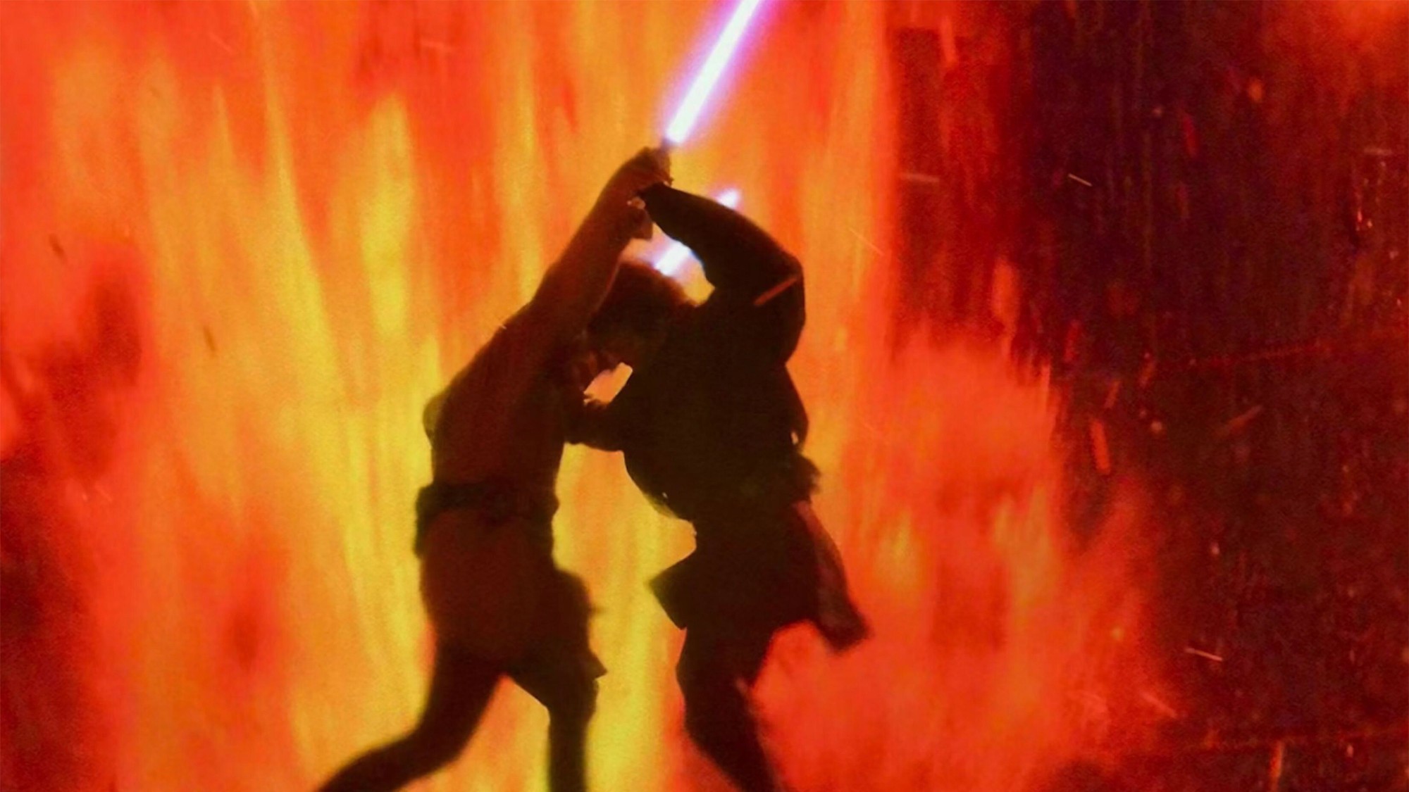Obi-Wan Kenobi and Anakin Skywalker fight on Mustafar in The Revenge of the Sith