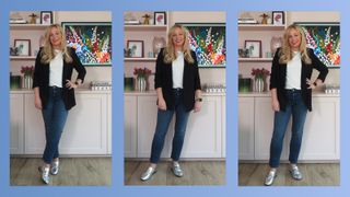 composite image of Antonia Kraskowski wearing dark denim jeans, white tee and blazer