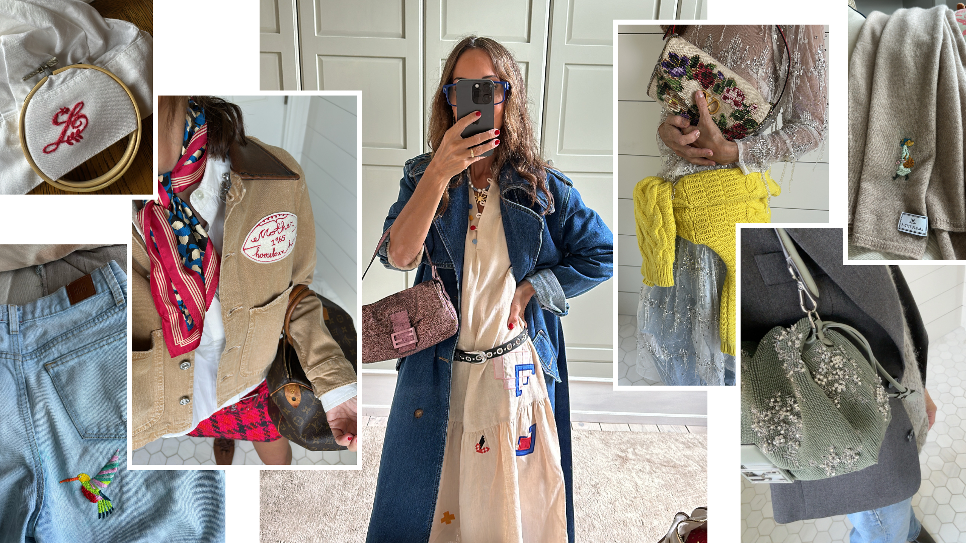 a collage featuring Larissa Mills wearing embroidered and needlepointed clothing and embroidered jeans, handbags, scarves, and white shirts 