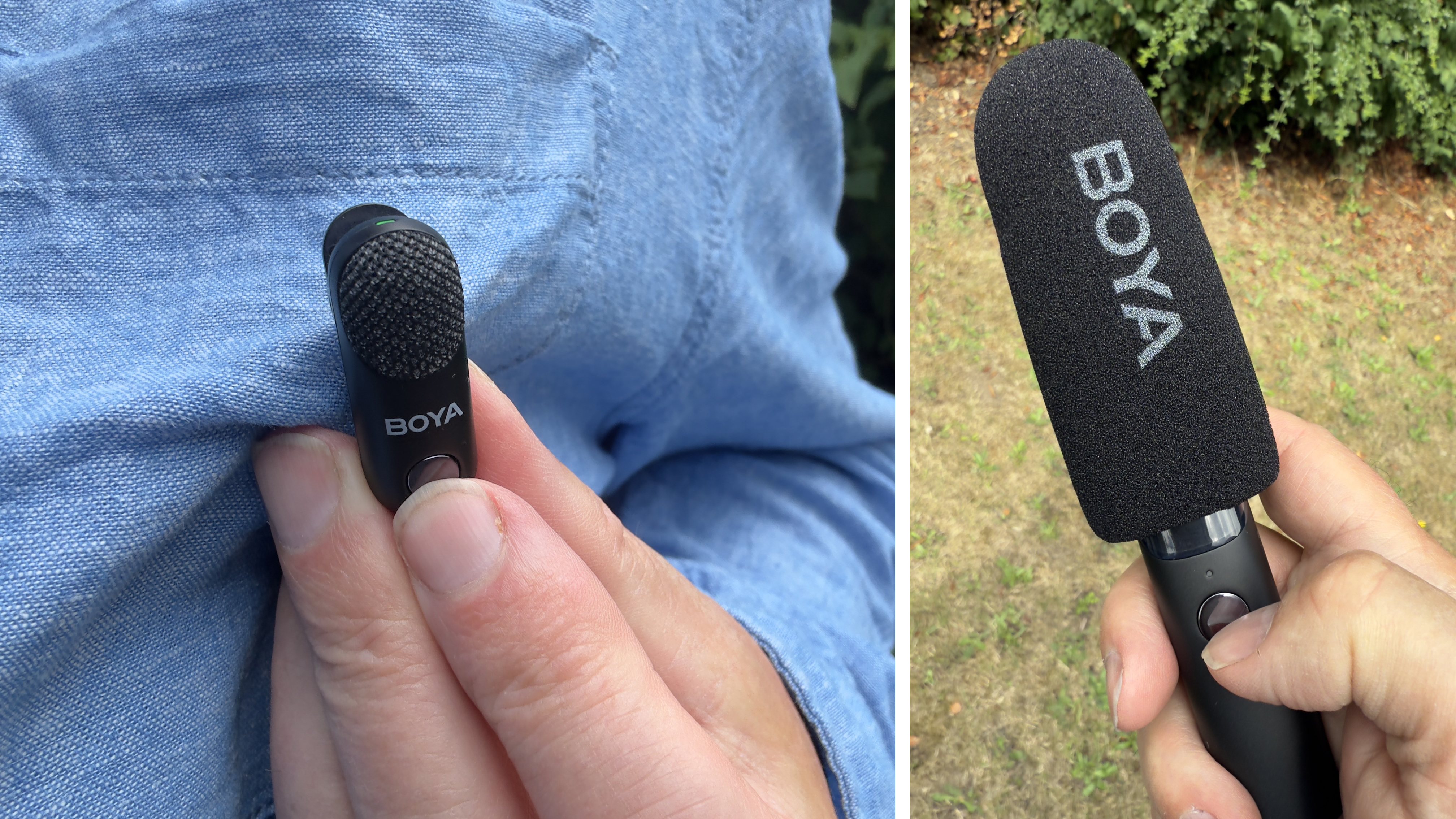 On the left a finger presses the noise cancellation button on a Boya Magic lavalier mic. On the right a finger presses the nose cancellation button on the handheld configuration of the Boya Magic