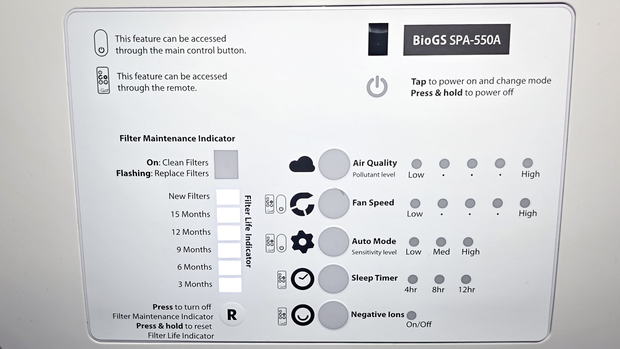 Rabbit Air BioGS 2.0 Air Purifier settings