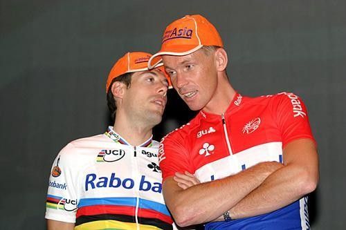 Oscar Freire and Erik Dekker are both sporting the team's Keep Supporting Asia caps