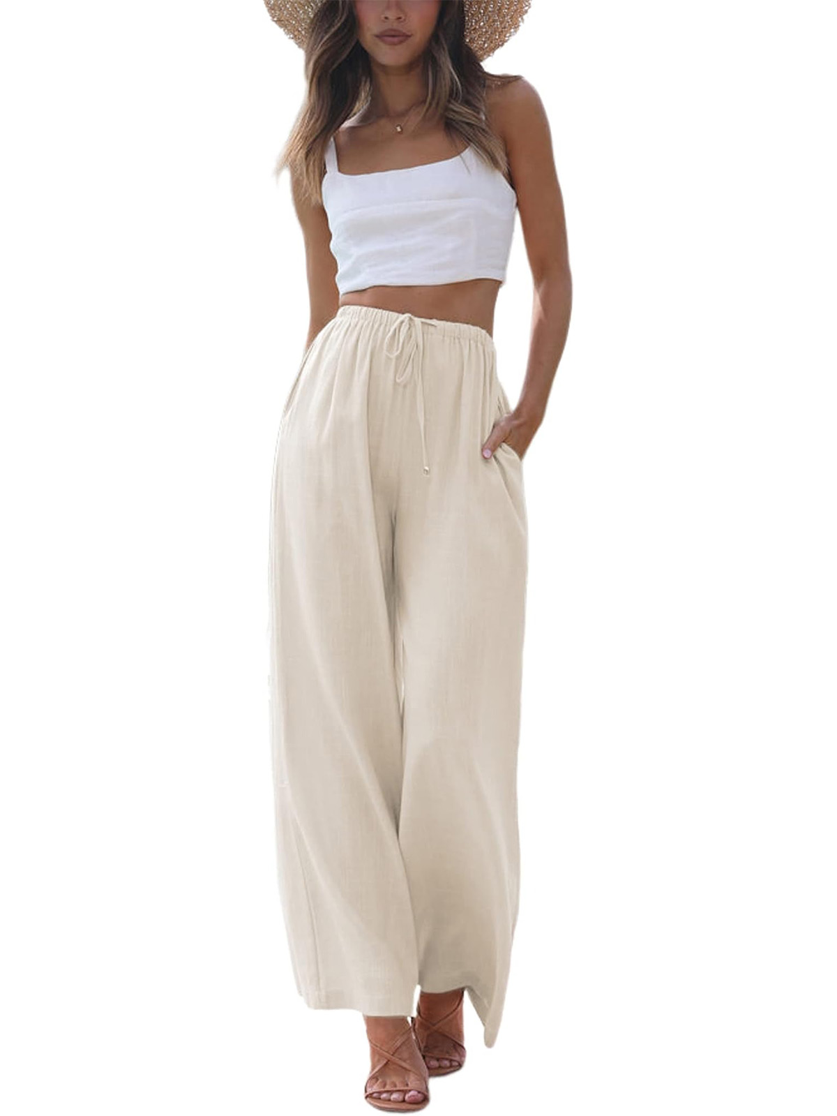 Faleave Women's Cotton Linen Summer Palazzo Pants Flowy Wide Leg Beach Trousers With Pockets(apricot-Xs)