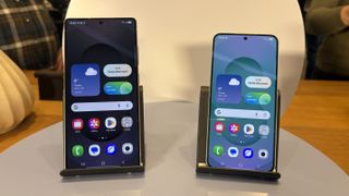 Samsung Galaxy S25 Ultra and S25 side by side showing the Android home screen