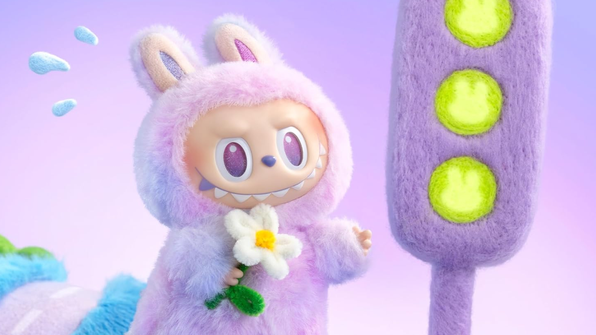 A Labubu with a flower running past traffic lights in a lilac-colored world