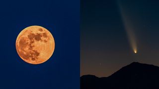 two images: a large full moon and a bright orb in the night sky leaving a fuzzy trail behind it