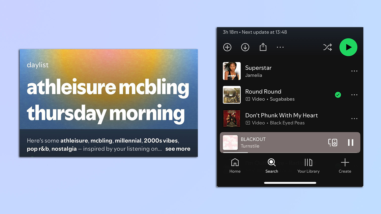 Screenshots taken from the Spotify app of the Daylist feature titles and songs.