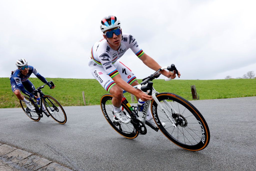 LIEGE BELGIUM APRIL 23 Remco Evenepoel of Belgium and Team Soudal Quick Step competes during the 109th Liege Bastogne Liege 2023 Mens Elite a 2581km one day race from Lige to Lige UCIWT on April 23 2023 in Liege Belgium Photo by Bas CzerwinskiGetty Images