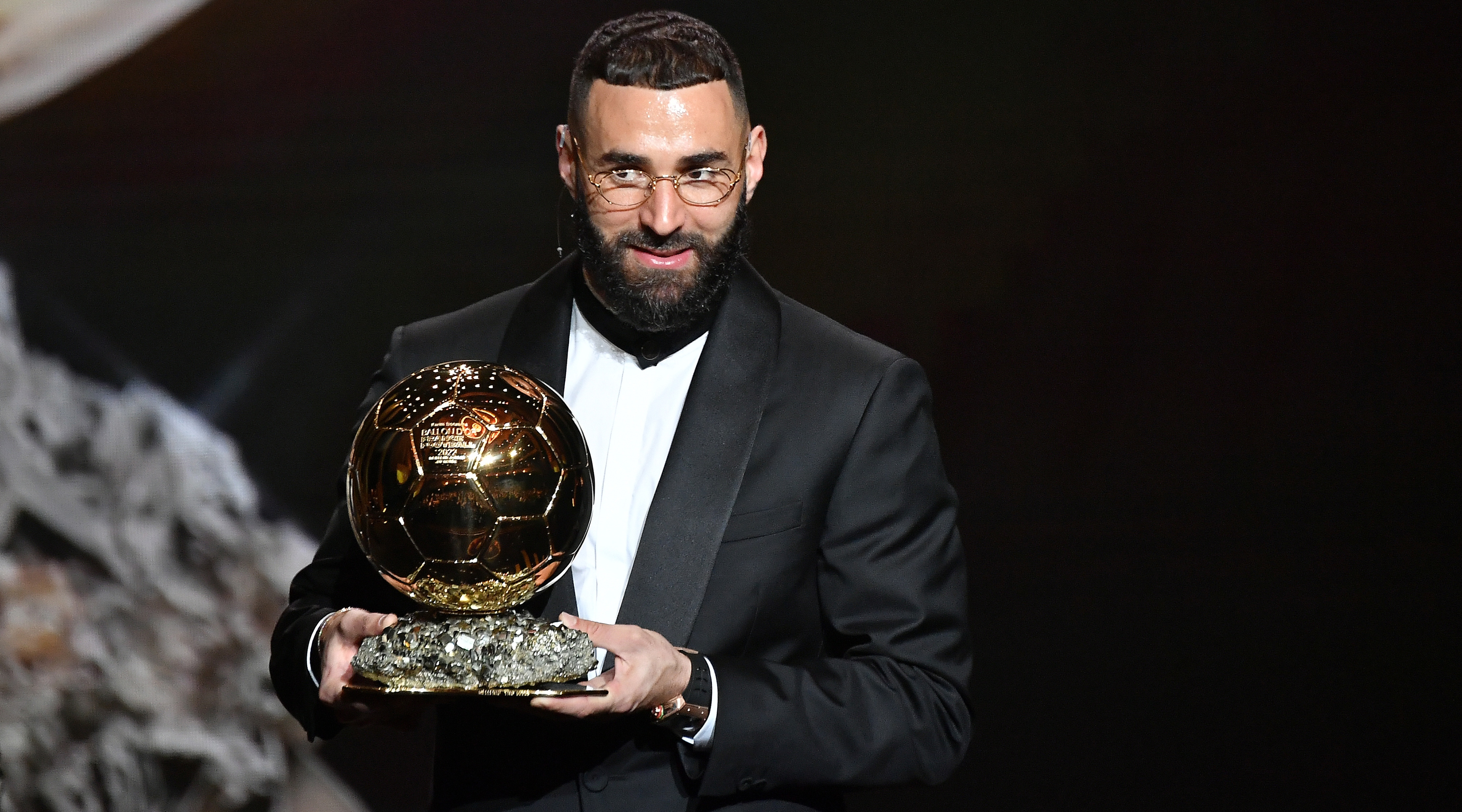 Karim Benzema holds the Ballon d'Or trophy after being announced as the winner of the 2023 Ballon d'Or on 17 October, 2022