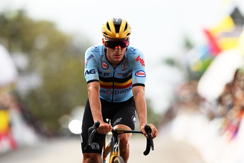 KIGALI, RWANDA - SEPTEMBER 28: Silver medalist Remco Evenepoel and Team Belgium crosses the finish line during the 98th UCI Cycling World Championships Kigali 2025, Men Elite Road Race a 267.5km race from Kigali to Kigali on September 28, 2025 in Kigali, Rwanda. (Photo by Dario Belingheri/Getty Images)