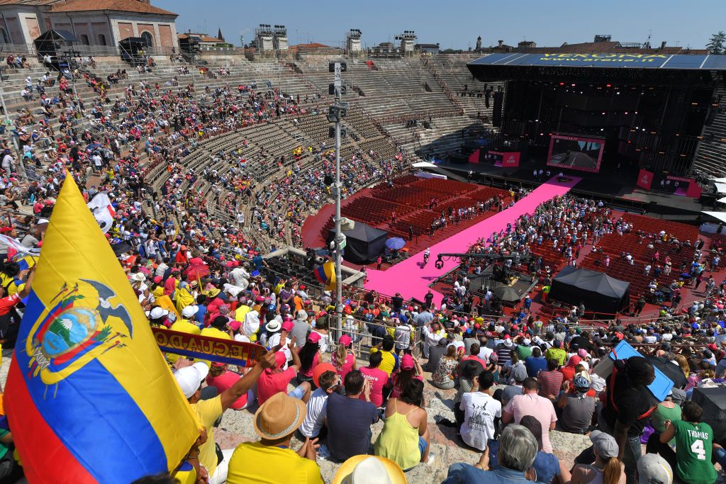 A view from the top of the Arena di Verona, among the Carapaz fans