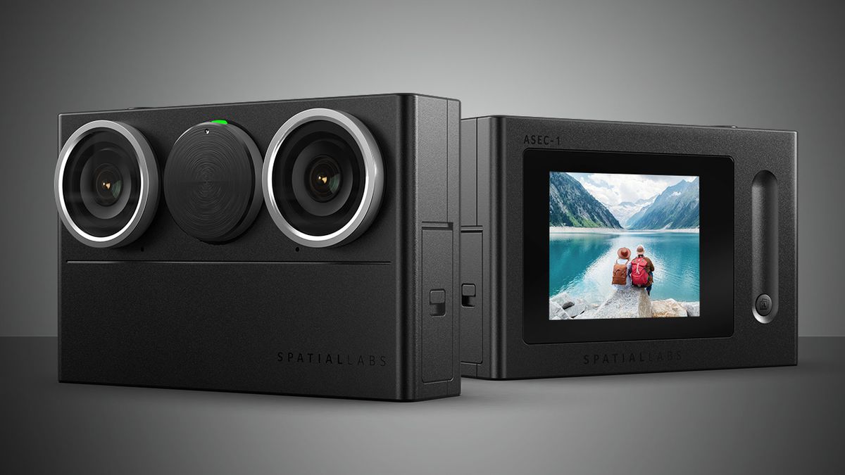 Acer SpatialLabs Eyes 3D camera seen from front and back on black background