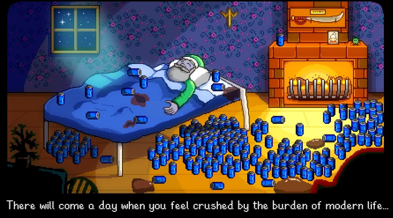 Stardew Valley mod - Grandpa is lying in bed surrounded by empty Joja Cola cans.