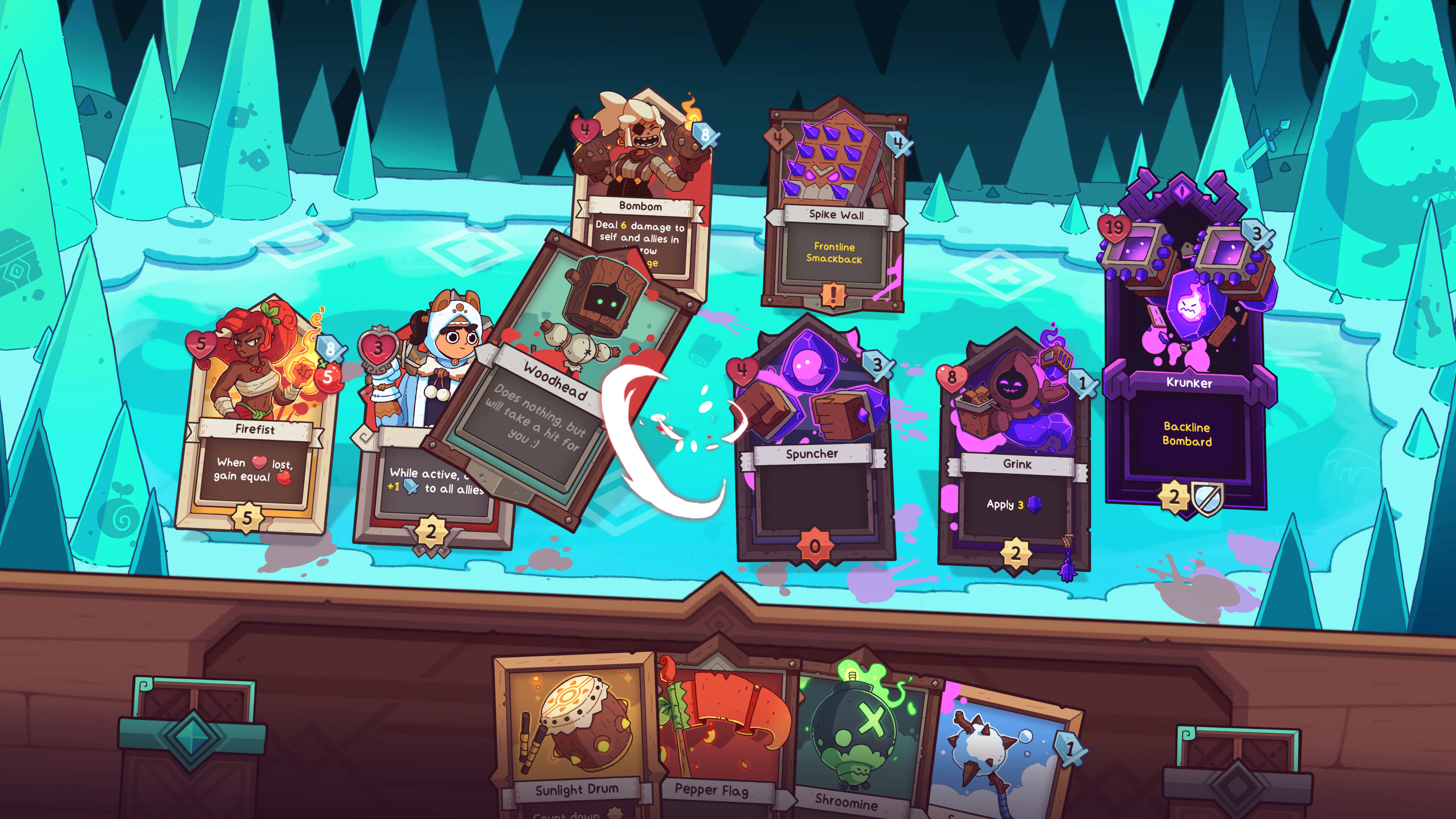 In-game screenshot of a deck battle in Wildfrost