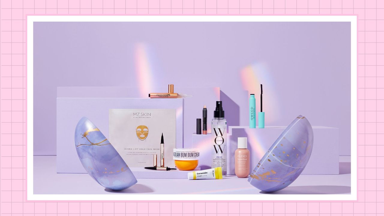 The LookFantastic Beauty Egg 2023: pictured a purple marbled egg with products from brands like Elemis, WOW and Sol De Janeiro against a purple backdrop/ in a pink check template