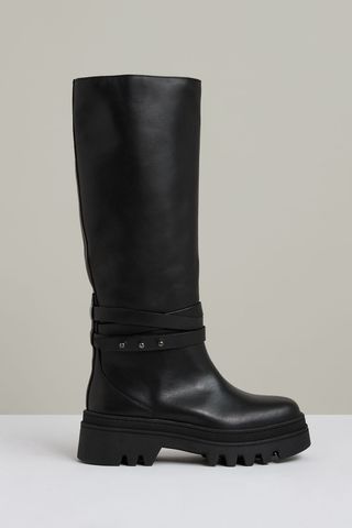 Reiss Leather Chunky Flat Knee-High Boots in Black