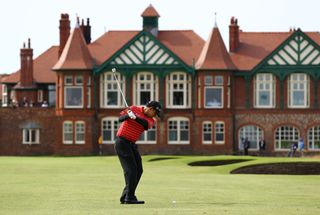 Anirban Lahiri hits his approach into the 18th green at Royal Lytham & St Annes in the 141st Open Championship