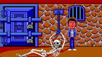 '80s adventure game Maniac Mansion with a man standing and smiling next to a skeleton chained to a wall