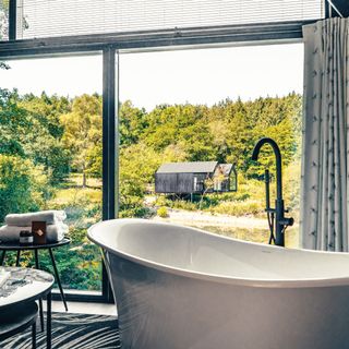 Freestanding bath next to glass sliding doors with garden view