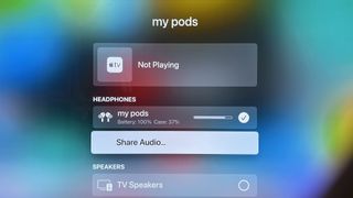 The AirPlay 2 window on the Apple TV with AirPods paired