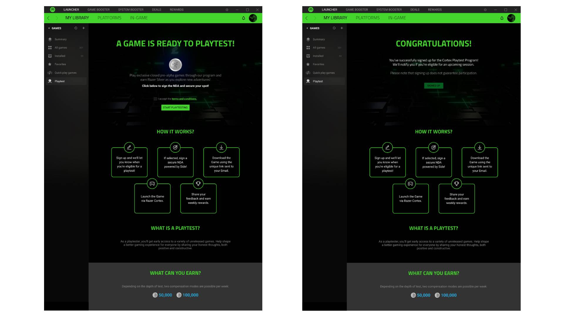 Screenshots of Razer Cortex Playtest Program