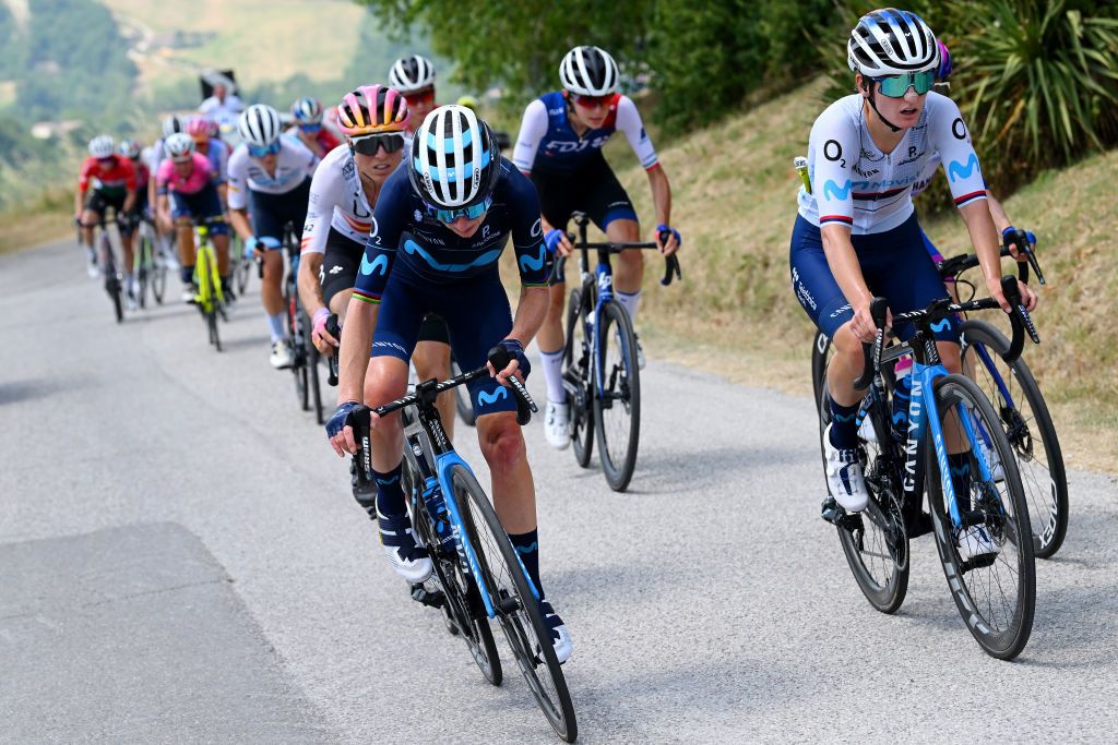 CESENA ITALY JULY 04 LR Annemiek Van Vleuten of Netherlands and Jelena Eric of Serbia and Movistar Team compete during the 33rd Giro dItalia Donne 2022 Stage 4 a 1209km stage from Cesena Torinese to Cesena Torinese GiroDonne UCIWWT on July 04 2022 in Cesena Italy Photo by Dario BelingheriGetty Images