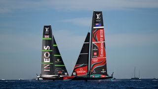 The crews of Emirates Team New Zealand and Team Ineos Britannia competing in the America's Cup in 2024