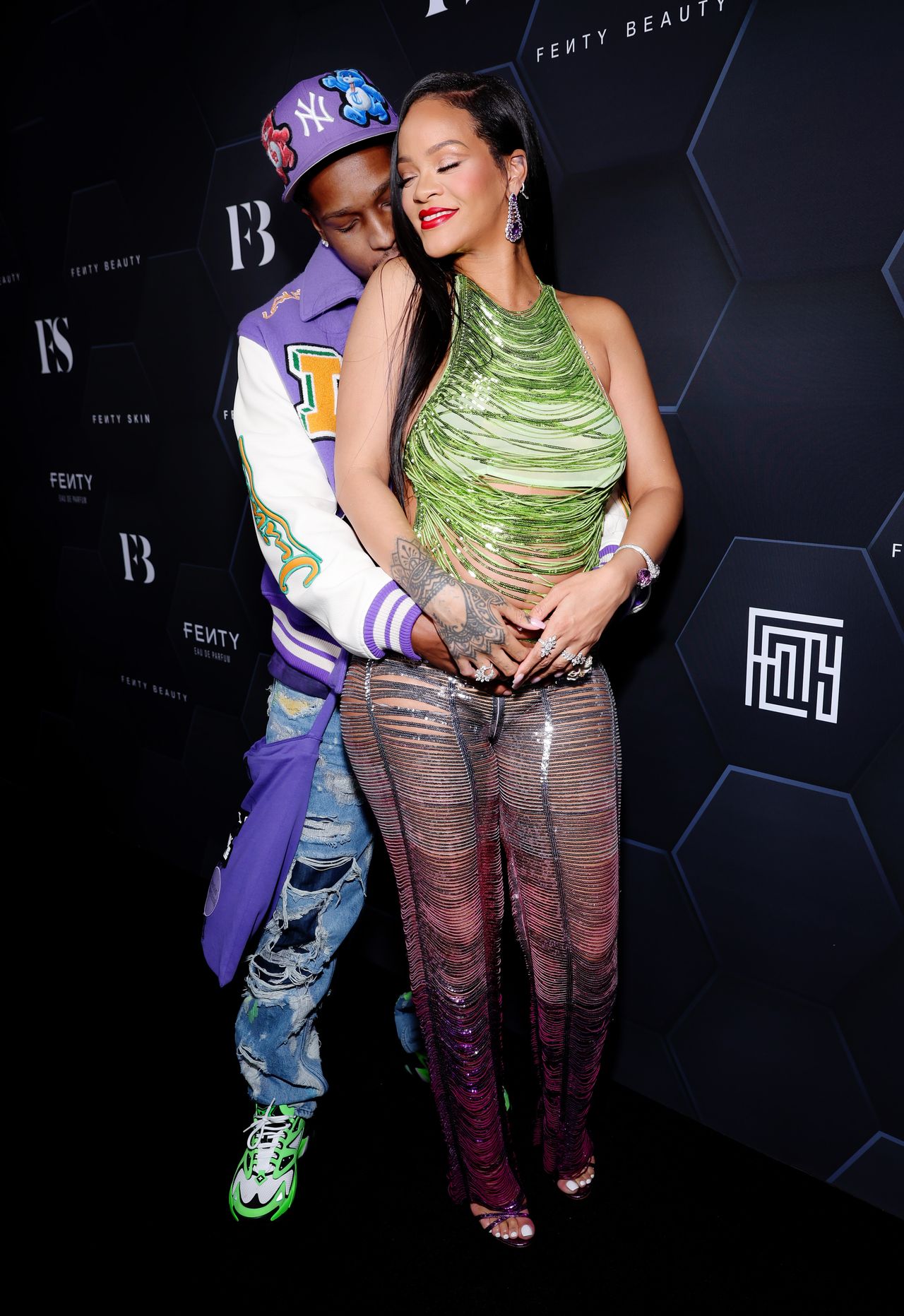 LOS ANGELES, CALIFORNIA - FEBRUARY 11: (L-R) A$AP Rocky and Rihanna celebrate Fenty Beauty &amp; Fenty Skin at Goya Studios on February 11, 2022 in Los Angeles, California. (Photo by Rich Fury/Getty Images for Fenty Beauty &amp; Fenty Skin)