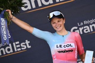 Le ColWahoos team French rider Gladys Verhulst celebrates her most competitive rider prize at the end of the 1st stage of the new edition of the Womens Tour de France cycling race 816 km between the Tour Eiffel and the ChampsElysees in Paris on July 24 2022 Photo by Jeff PACHOUD AFP Photo by JEFF PACHOUDAFP via Getty Images