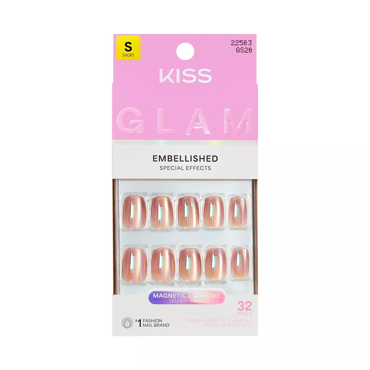 Kiss Nails Glam Embellished Press-On Fake Nails - Short Squoval - Golden Hour Affairs - 35ct