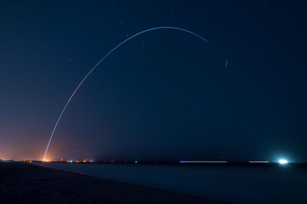 Relativity Space's first Terran 1 rocket streaks toward space in this long exposure view of its debut test launch from Florida's Cape Canaveral Space Force Station on March 22, 2023. The rocket failed to reach orbit.