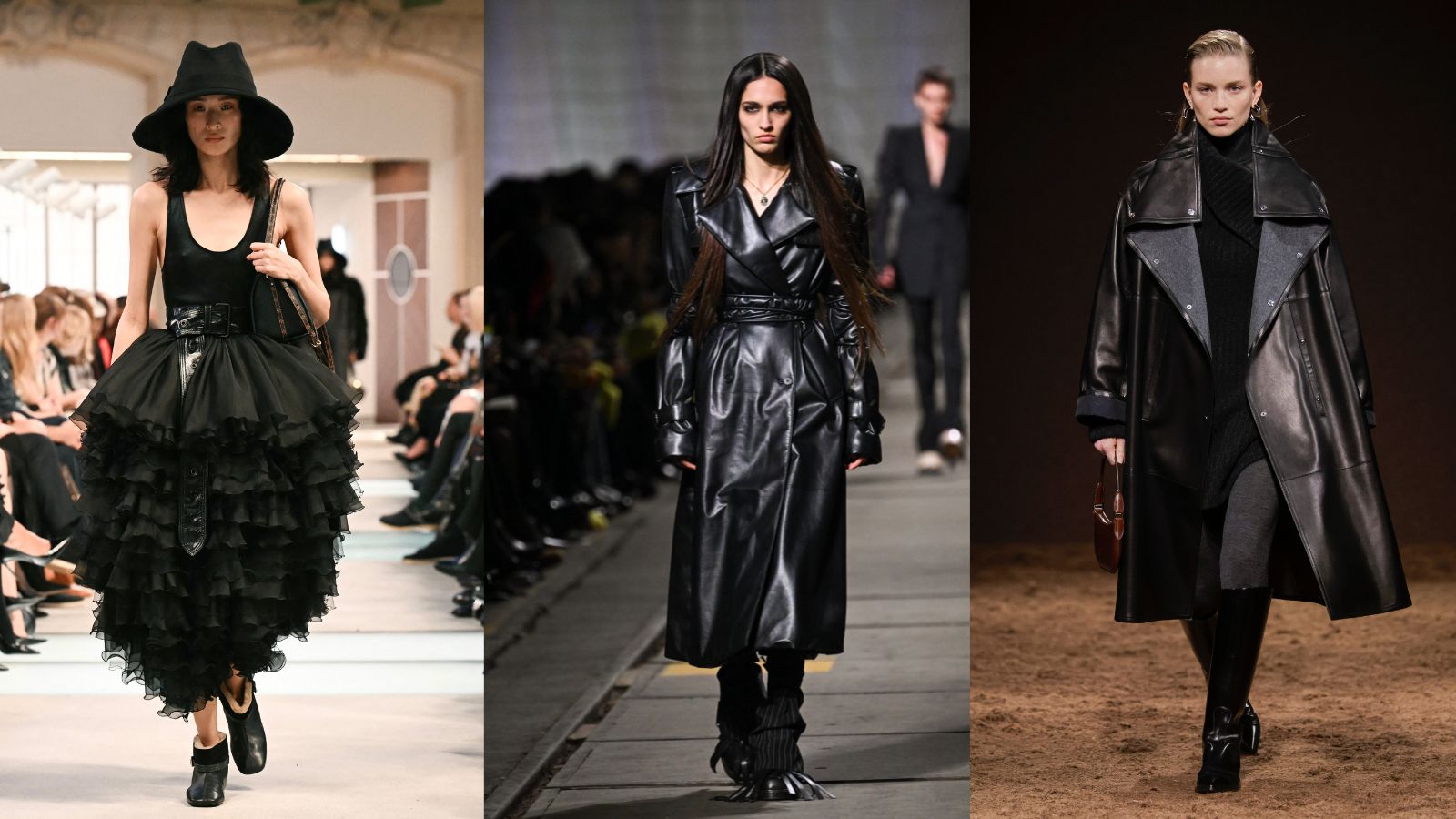 3 models of the catwalk wearing all black