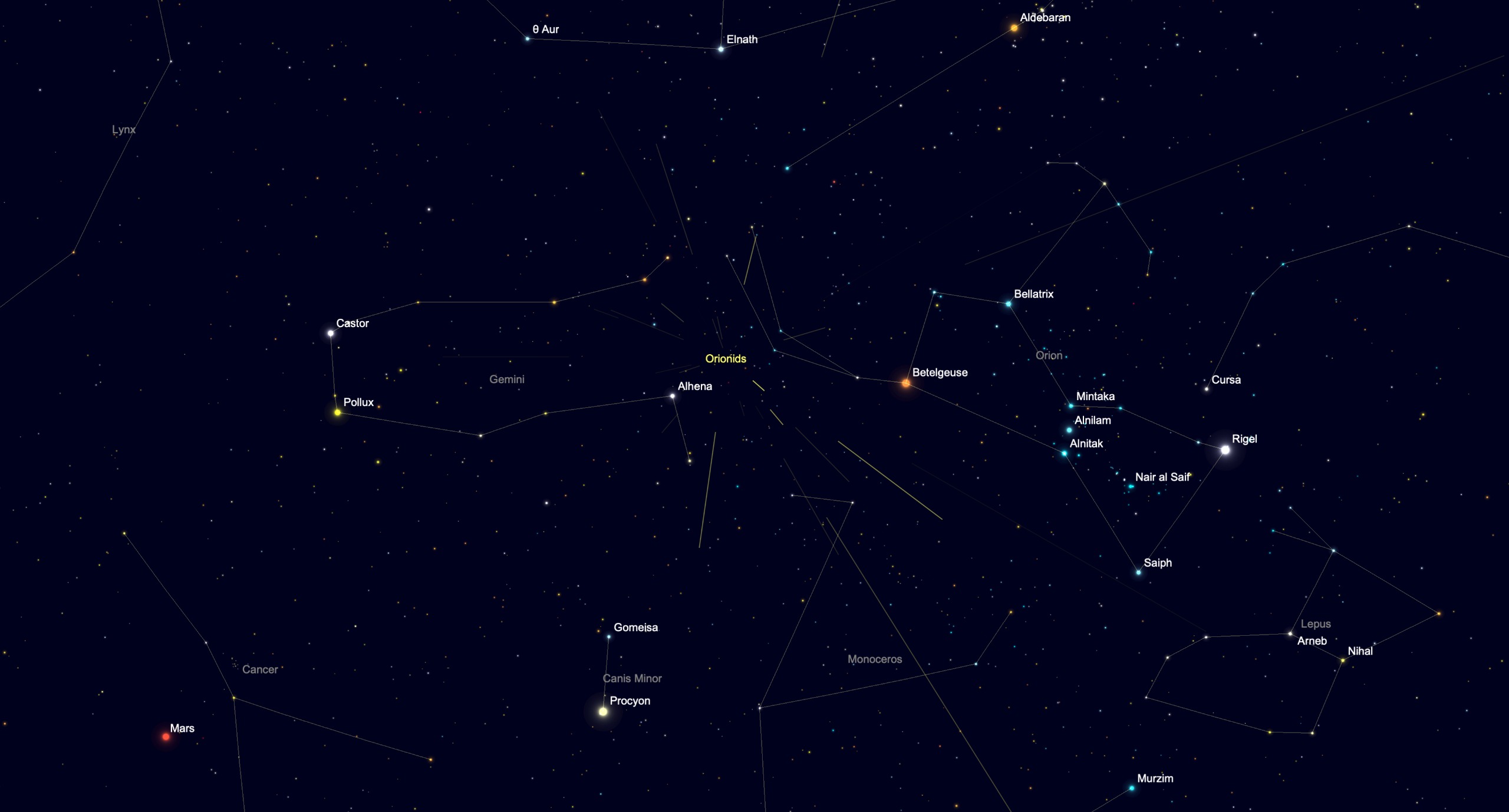 Star chart showing the radiant of the Orionid meteor shower between the constellations Orion and Gemini, near the star Alhena.