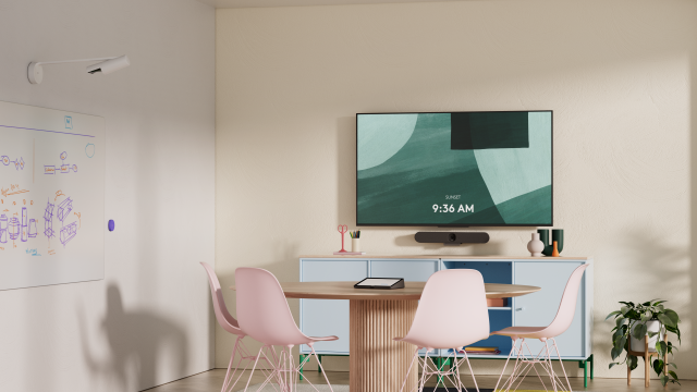 A room with a big display using Logitech&#039;s new all-in-one video bar.