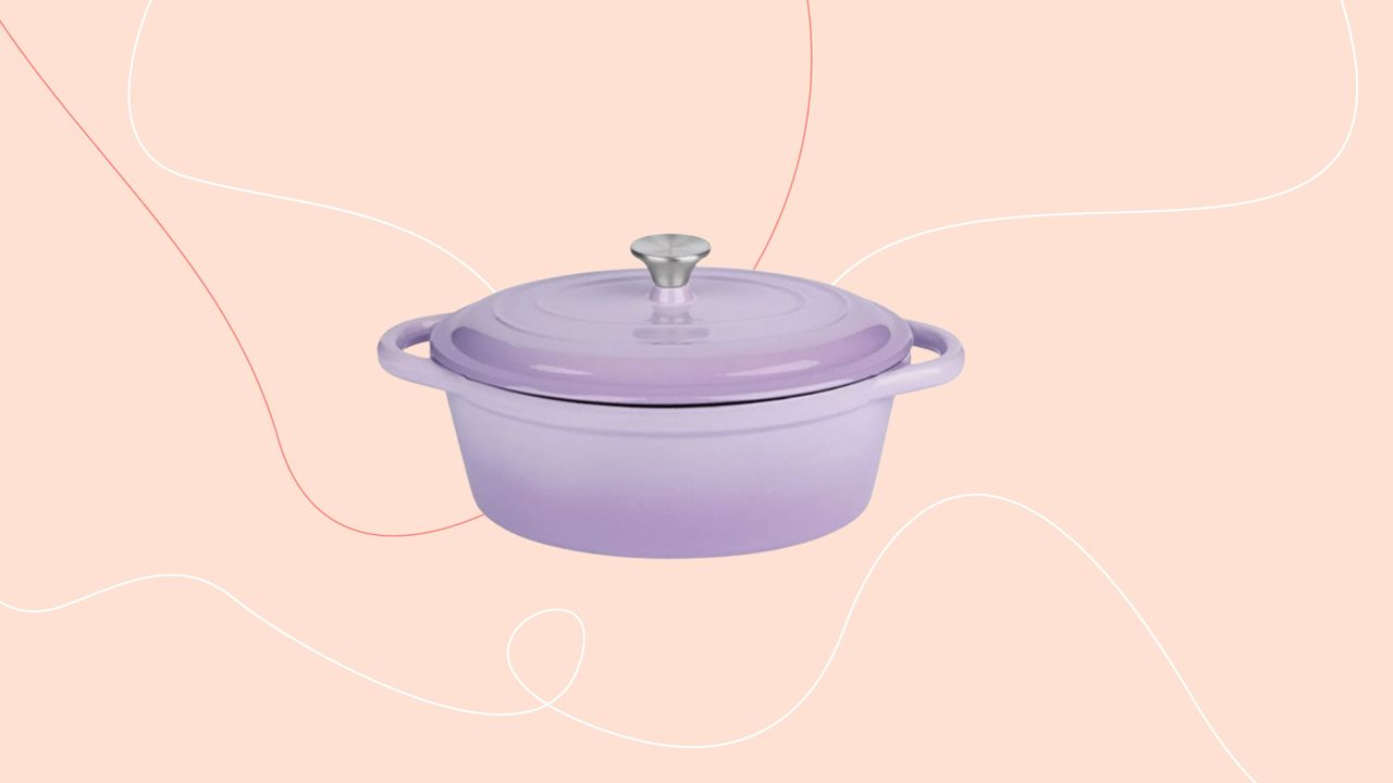 Lidl lilac cast iron casserole dish on pink background