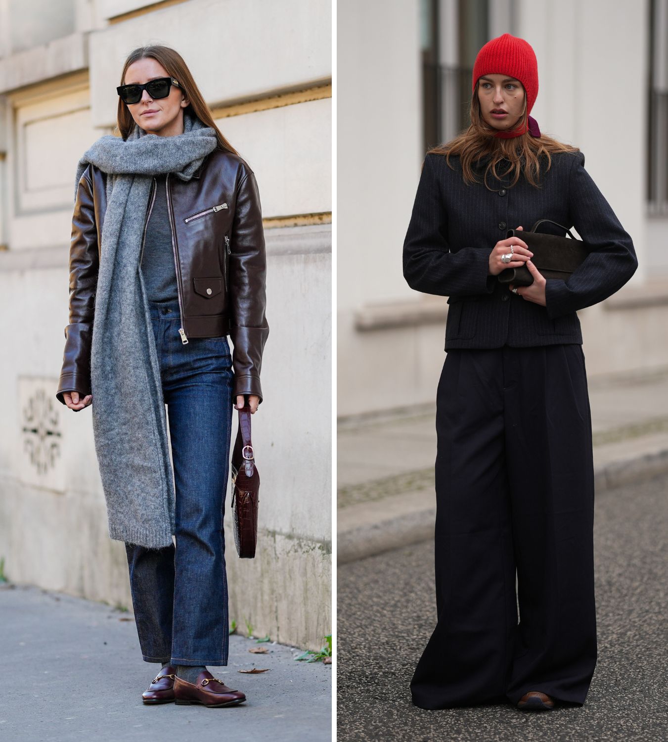 two women wearing cashmere accessories during fashion week