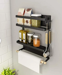 Fridge Magnetic Shelf, Paper Towel Holder Fridge Spice Rack Kitchen Refrigerator Organizer Rack With 2 Removable Hooks (Black) | was $84.99 $69.90 at Wayfair