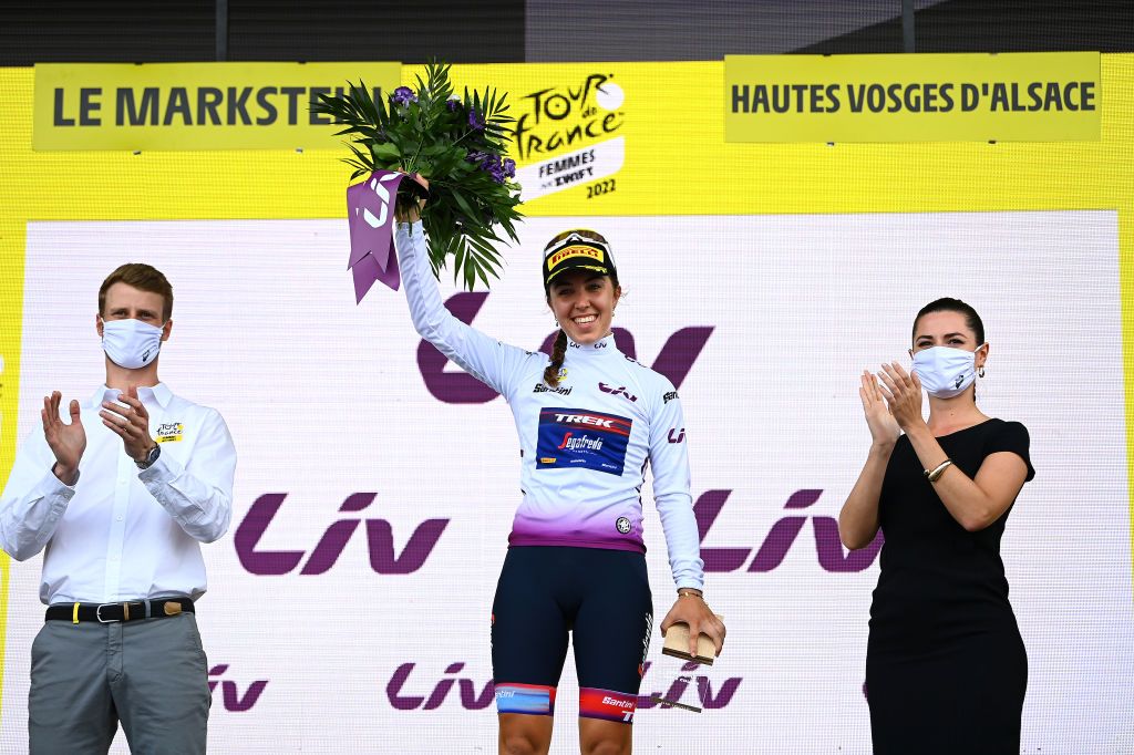 LE MARKSTEIN FRANCE JULY 30 Shirin Van Anrooij of Netherlands and Team Trek Segafredo celebrates winning the white best young rider jersey on the podium ceremony after the 1st Tour de France Femmes 2022 Stage 7 a 1271km stage from Slestat to Le Marksteinc TDFF UCIWWT on July 30 2022 in Le Markstein France Photo by Tim de WaeleGetty Images