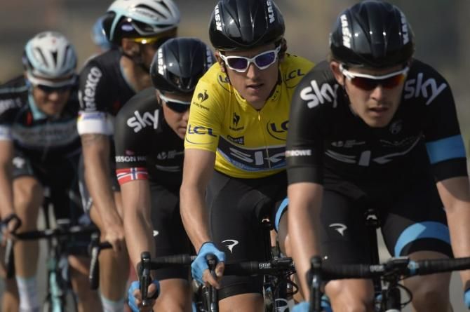 Race leader Geraint Thomas (Sky) protected by his teammates