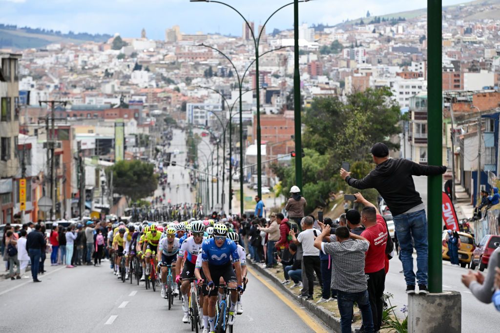 SANTA ROSA DE VITERBO COLOMBIA FEBRUARY 07 Vinicius Rangel of Brasil and Movistar Team leads the peloton during the 4th Tour Colombia 2024 Stage 2 a 1686km stage from Paipa to Santa Rosa de Viterbo 2751m on February 07 2024 in Santa Rosa de Viterbo Colombia Photo by Maximiliano BlancoGetty Images