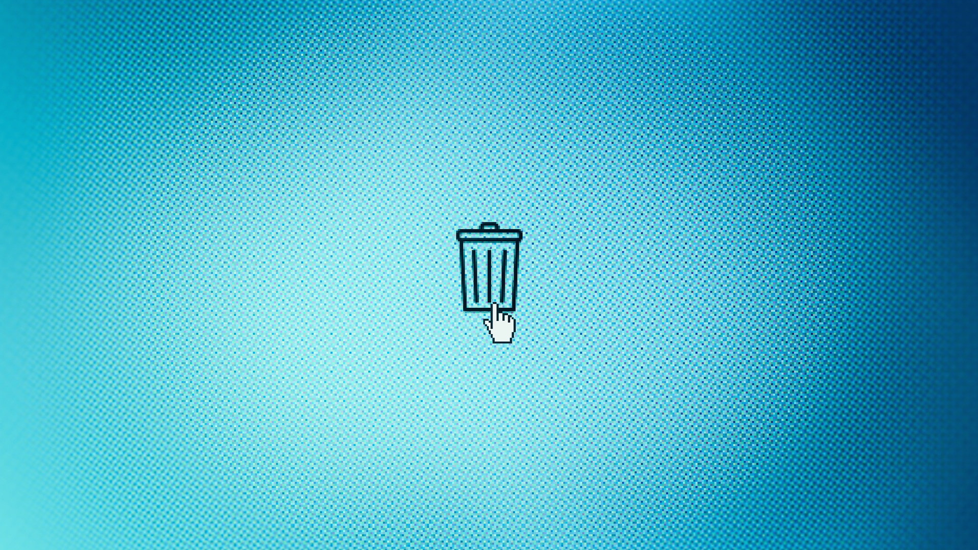 A digital image of a cursor hovering over a trash icon, set on a glowing blue background.