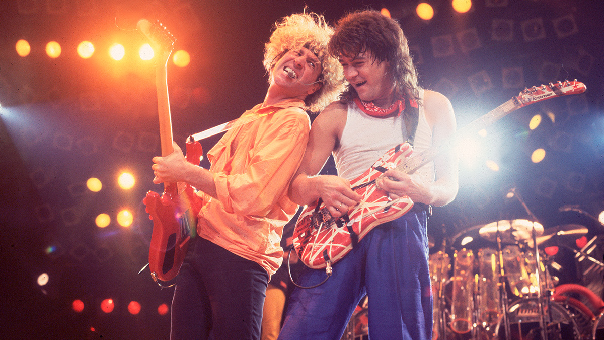 Rock musicians Sammy Hagar and Eddie Van Halen (1955 - 2020), both of the group Van Halen, performs onstage at the Rosemont Horizon, Rosemont, Illinois, March 15, 1986