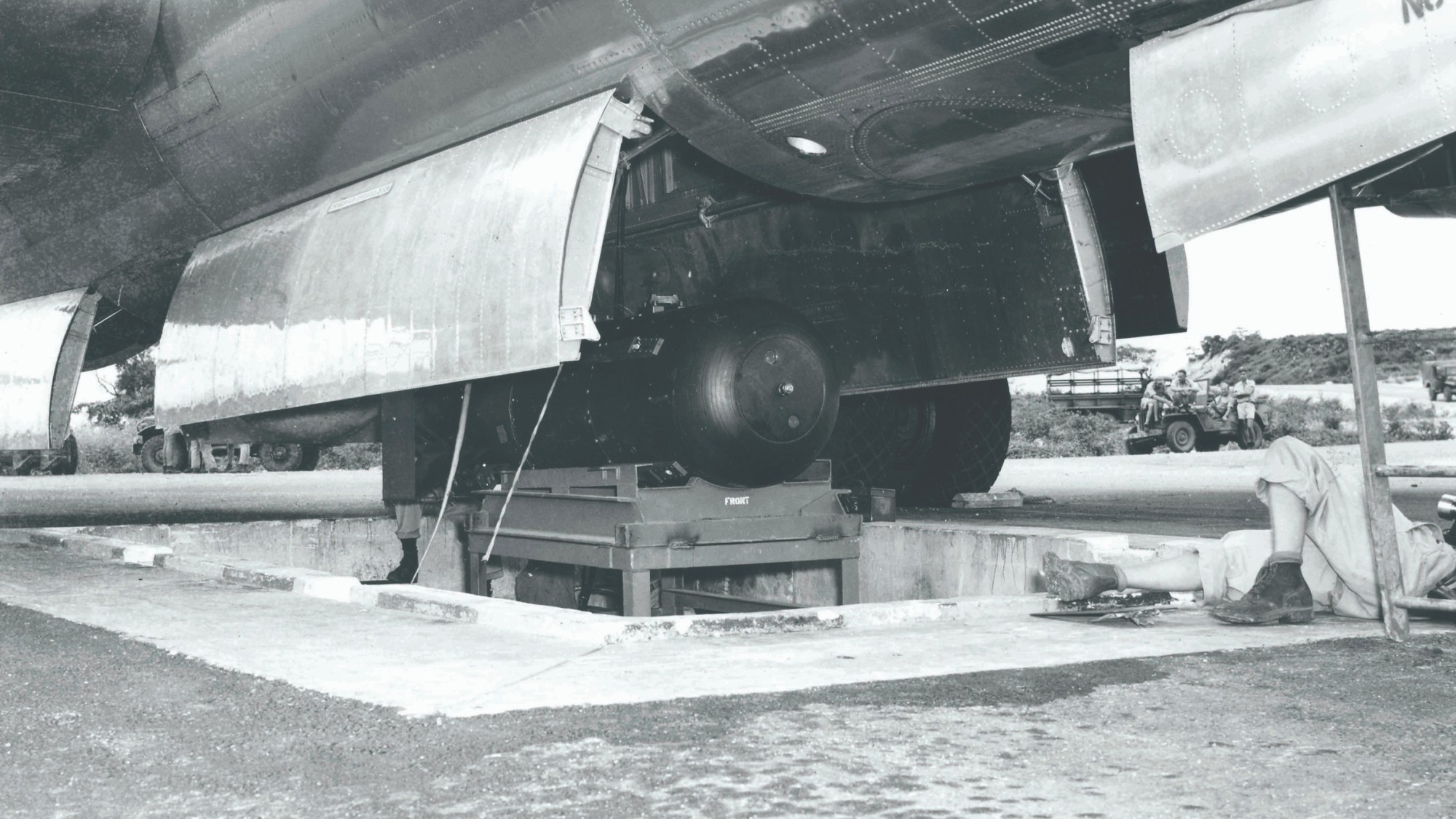 The 'Little Boy' atomic bomb is loaded into the B-29 Enola Gay