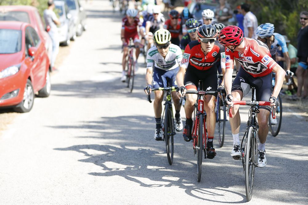 Chris Froome leads Tejay van Garderen and Esteban Chaves near the end of stage 6 at the Vuelta