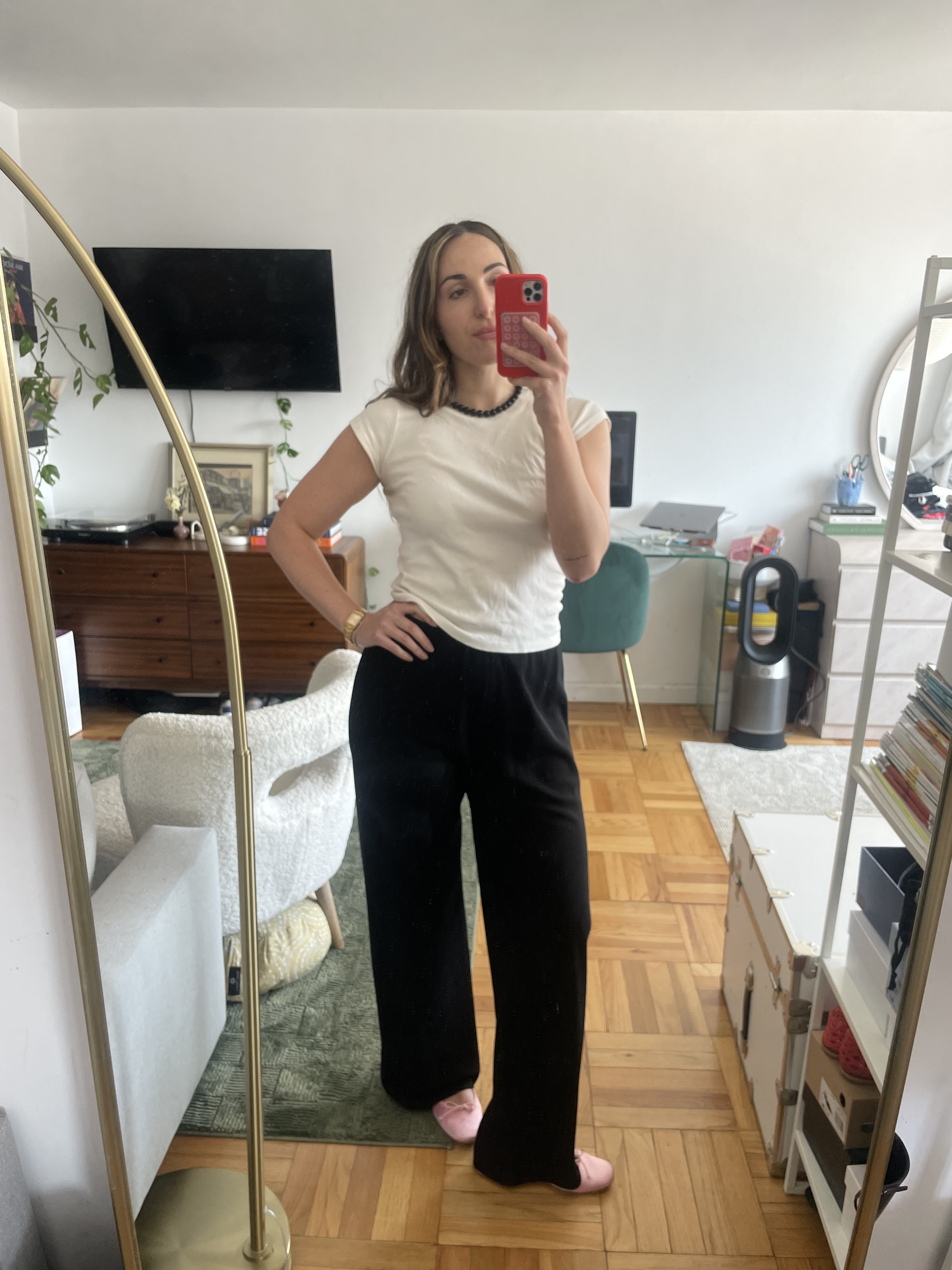 Anna LaPlaca wearing the best affordable alternatives to The Row Gala Pants
