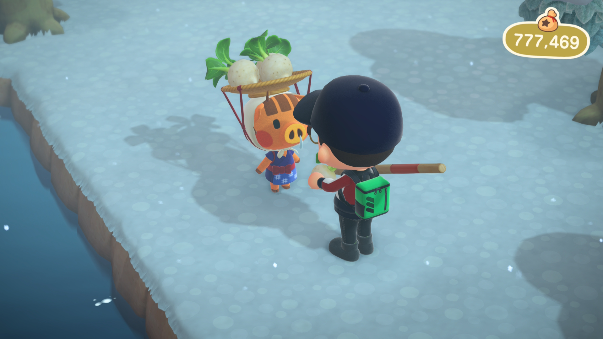 Animal Crossing New Horizons screenshot of Hamish buying stalks