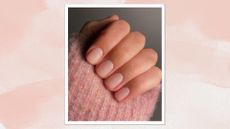 A close up of a hand with a milky-pink manicure by nail artist, @matejanova/ Mateja Novakovic on a light pink background