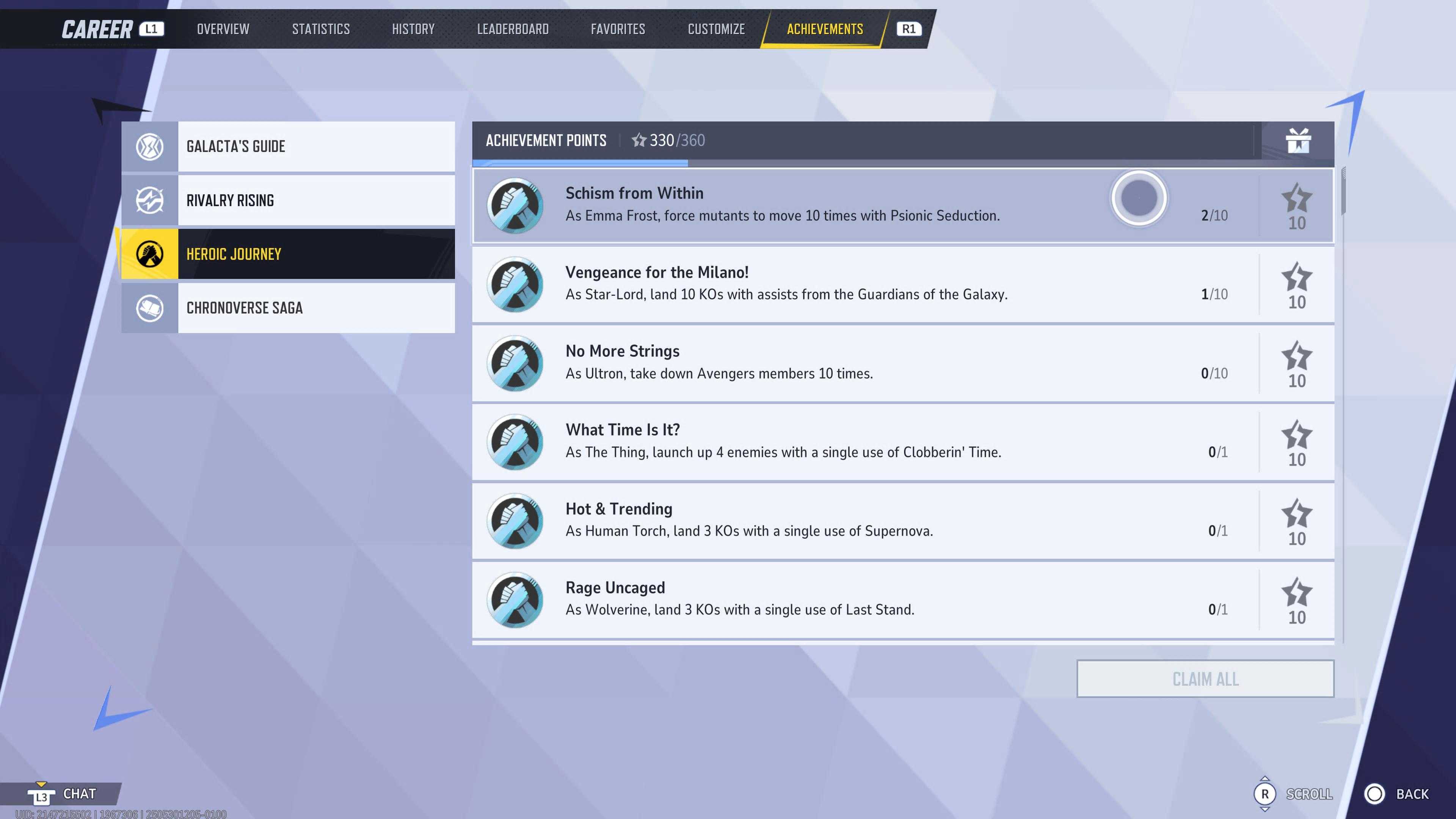 The Achievements menu in Marvel Rivals
